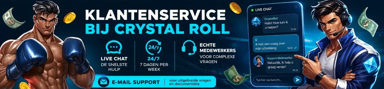 Live chat venster met 24/7 supportmedewerker van Crystal Roll
