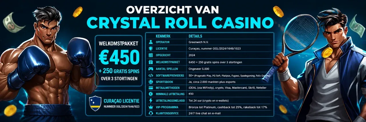 Overzichtstabel met Crystal Roll kenmerken, bonus en Curacao licentie