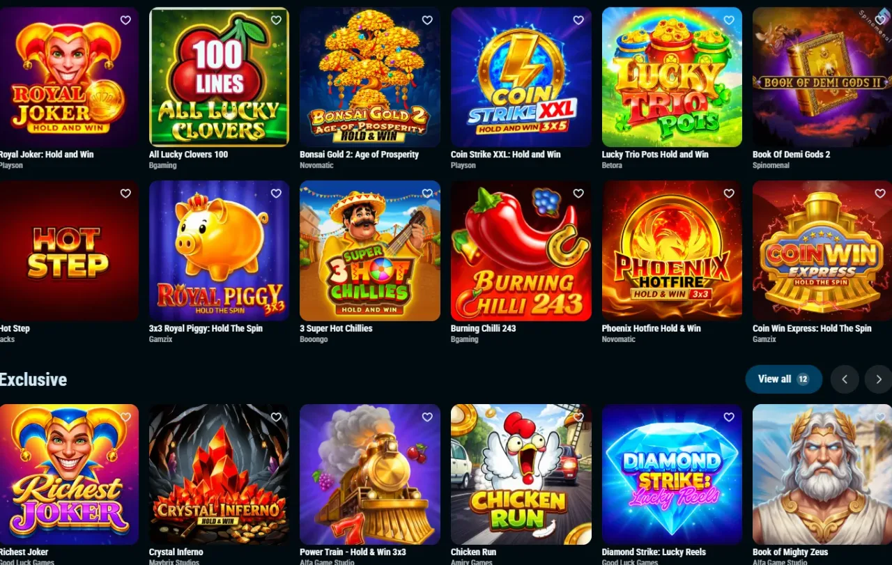 Raster met slots, live casino en crash games van Crystal Roll
