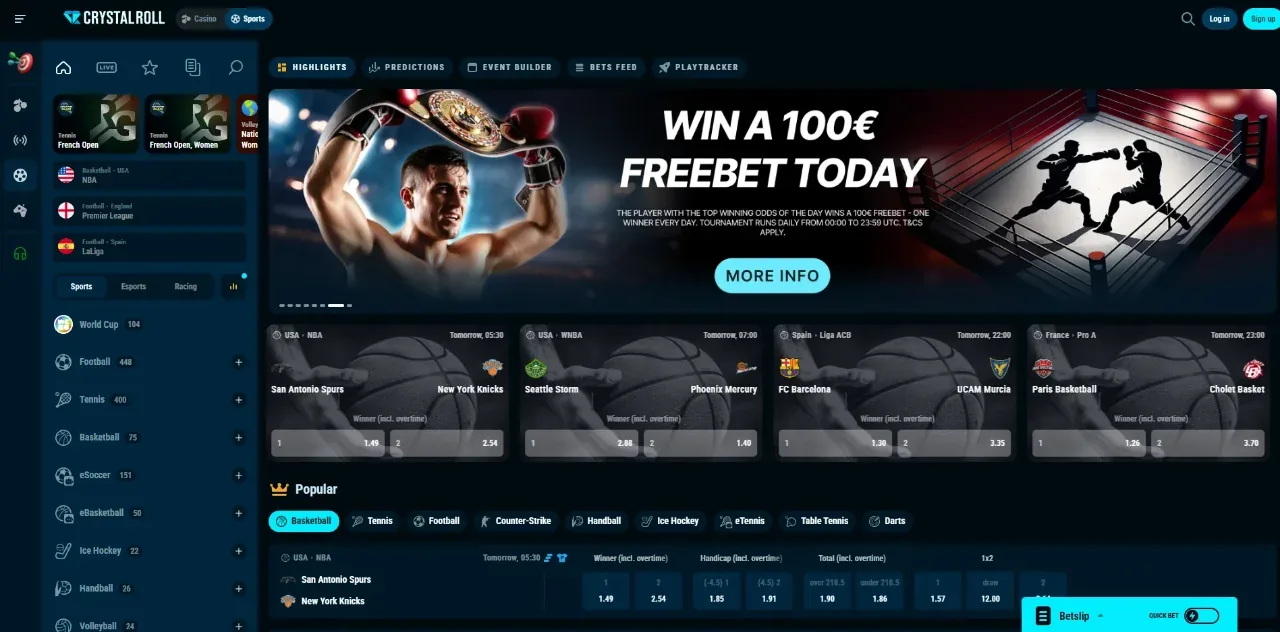 Sportsbook met voetbal en esports weddenschappen bij Crystal Roll