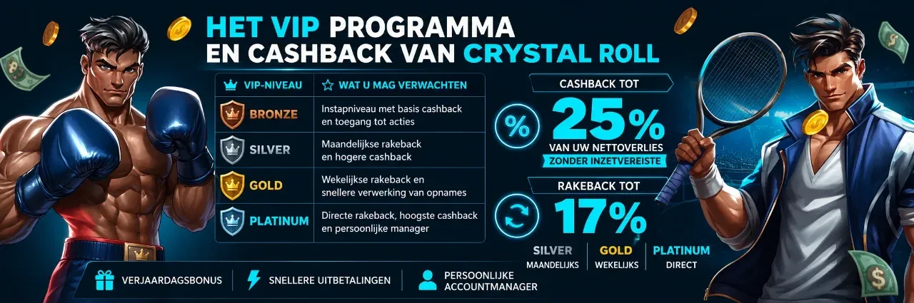 VIP-niveaus Bronze tot Platinum met cashback tot 25 procent bij Crystal Roll